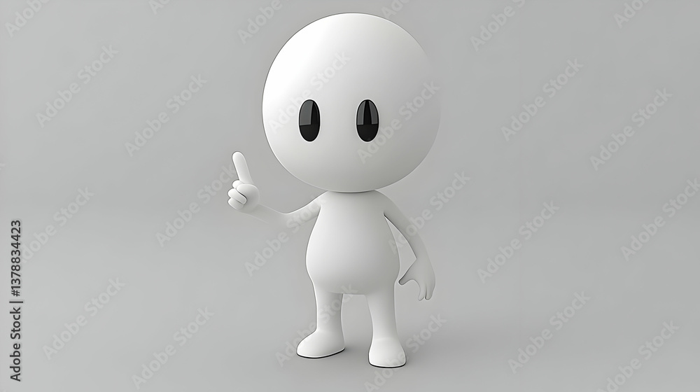 White Cartoon Figure Standing and Pointing Up with Simple Design on a Gray Background in 3D Rendering White Cartoon Figure Standing and Pointing Up with Simple Design on a Gray Background in 3D Rendering