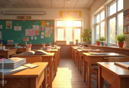 Wallpaper Mural bright classroom open textbooks stationery learning environment organized supplies sunlight desk, supply, workspace, paper, pencil, notebook, written Torontodigital.ca