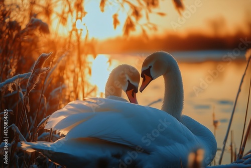 Swans Embracing at Sunset Near a Tranquil Lake Surrounded by Reeds and Soft L...