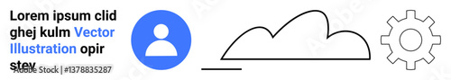 Blue user profile next to outlined cloud and gear cog for technology, system settings, cloud storage, user management, app development, service integration, simple landing page