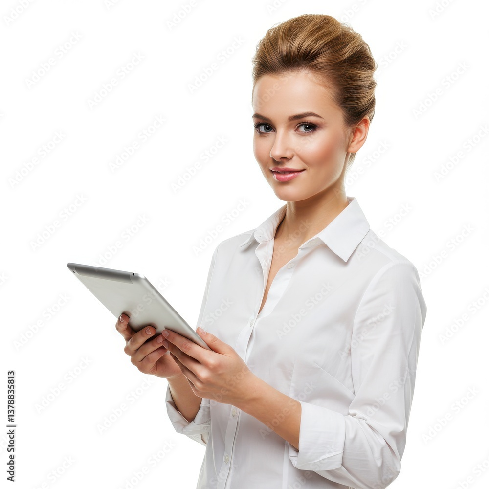 Portrait with copy space empty place of pretty charming confident trendy woman in classic shirt having tablet in hands isolated on white background Portrait with copy space empty place of pretty charming confident trendy woman in classic shirt having tablet in hands isolated on white background
