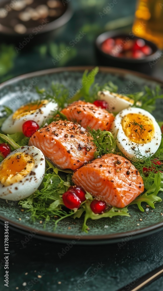Fresh Salad With Salmon, Avocado, and Egg Served in a Black Bowl on a Dark Background Fresh Salad With Salmon, Avocado, and Egg Served in a Black Bowl on a Dark Background