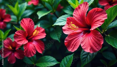 Bold hibiscus blooms, lush tropical foliage, vibrant color palette, lush, flowers, blossom