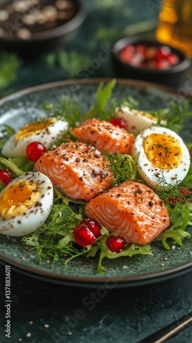 Fresh Salad With Salmon, Avocado, and Egg Served in a Black Bowl on a Dark Ba...