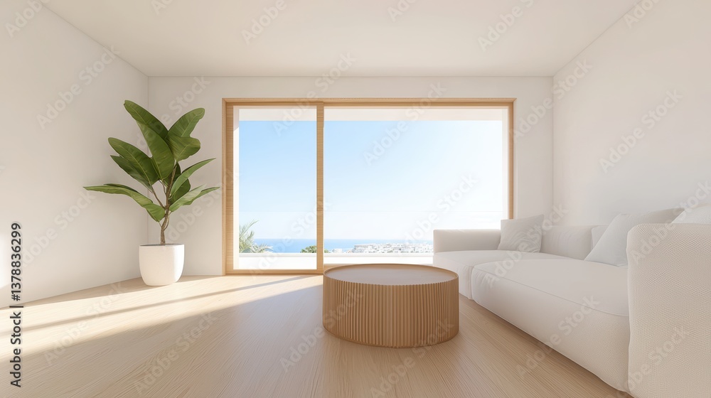 Fototapeta premium Simplicity Open concept modern interior with minimal furniture and natural wood textures.