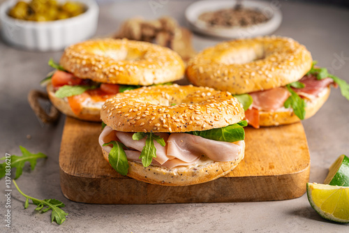 Obraz na płótnie Variety of Bagel sandwiches with ricotta, prosciutto or chicken ham or salmon and microgreens, bagel with ham for breakfast on gray background, close up. Healthy breakfast food. w salonie