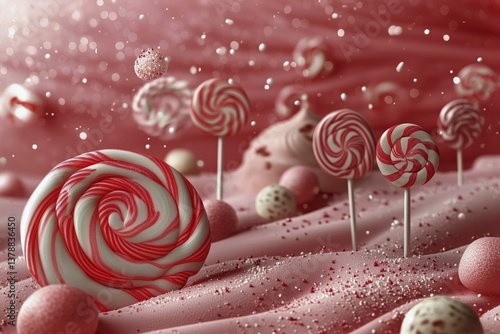Colorful Lollipops and Candy Scattered on a Whimsical Pink Landscape During a...