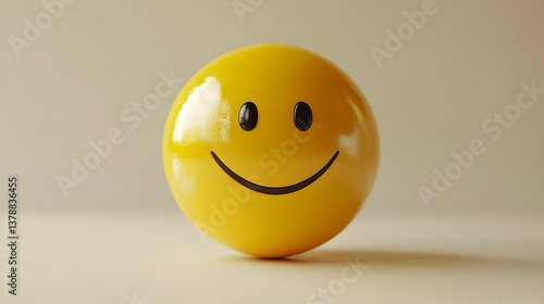 Yellow Smiley Face with Glossy Surface Showing Happiness and Positive Emotions on Light Beige Background