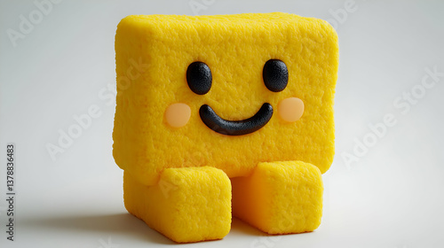 Yellow Smiling Cube Dessert Featuring Cheerful Character on a White Background in a Studio Lighting