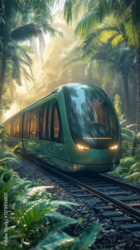 Train Travels Through Lush Jungle Landscape on a Serene Morning With Bright G...