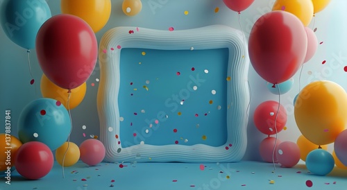 Colorful Balloons Float Amid Vibrant Confetti in a Festive Celebration Atmosp...