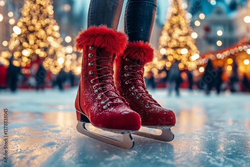 Red Ice Skates Shine Brightly on Winter Rink Surrounded by Festive Lights and...