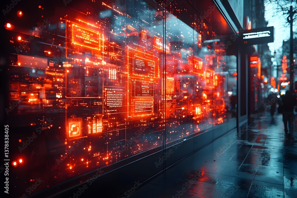 Obraz premium Futuristic holographic virtual store with glowing neon displays in a digital marketplace
