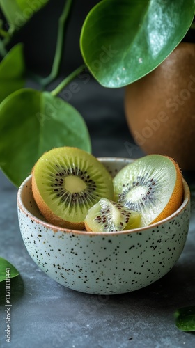 Freshly Sliced Kiwifruit Arranged in a Speckled Bowl Surrounded by Green Leaves
