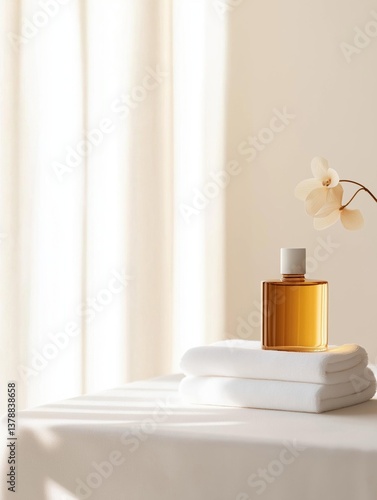 Wallpaper Mural White tablecloth with a stack of folded white towels on top of it. on the right side of the table, there is a small gold-colored perfume bottle with a white cap. Torontodigital.ca