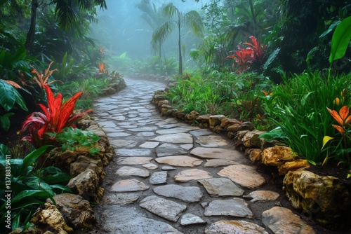 Winding Stone Path Through Dense Tropical Greenery in a Misty Forest Setting