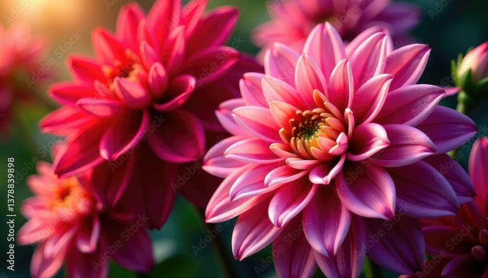 Fototapeta premium Intricate dahlia blooms, vibrant hues, close-up view, detail, background