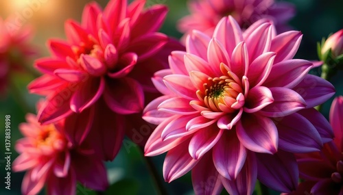 Intricate dahlia blooms, vibrant hues, close-up view, detail, background