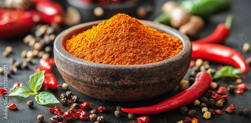 Bright Red Chili Powder in Wooden Bowl Surrounded by Spices and Fresh Peppers...