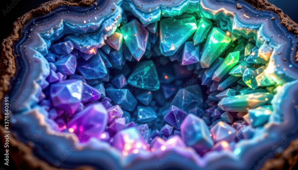 Fototapeta premium Luminous Geode Create an image of a geode with vibrant crystals emanating a soft, glowing light in shades of turquoise and purple.