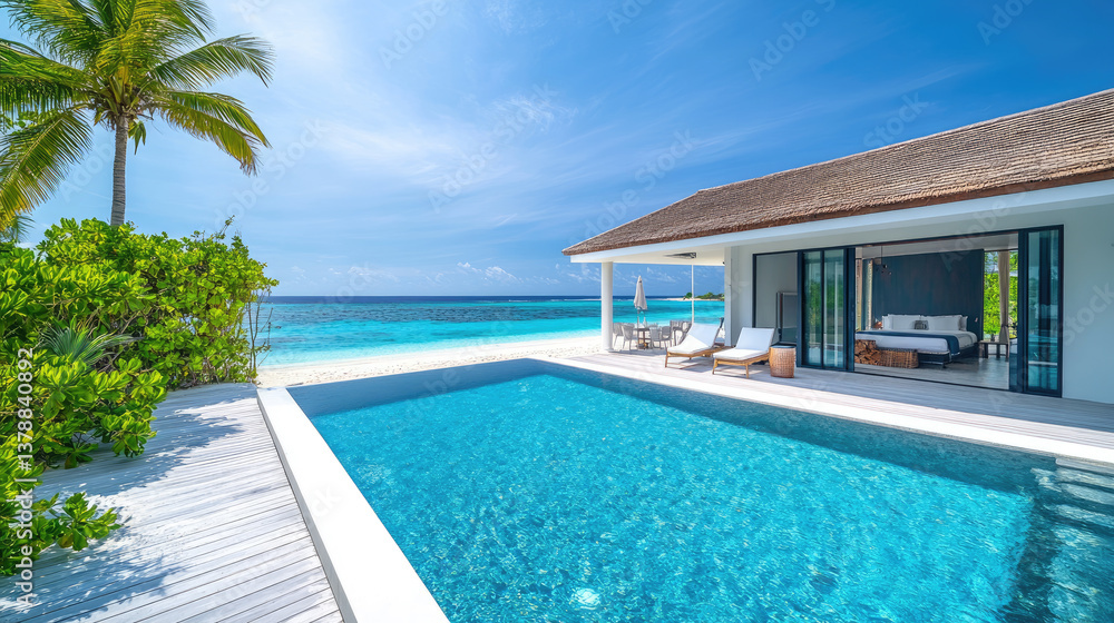 Fototapeta premium Modern white beachfront hotel with infinity pool and palm trees by turquoise sea, representing luxury seaside getaway, exclusive tropical vacation, and serene leisure. Banner with copy space