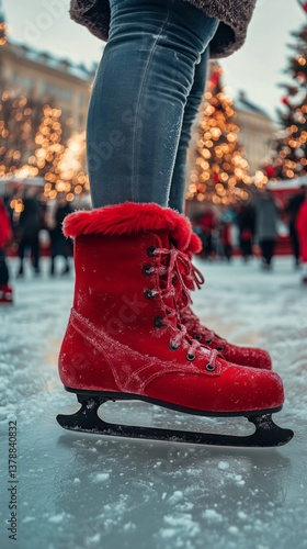 Skater Enjoys Winter Wonderland on a Festive Ice Rink With Holiday Lights in ...