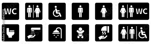 Toilet icons set, common male female restroom, handicap wheelchair access, sanitizer liquid soap, WC direction, baby changing table room, toilet signs, WC signs collection