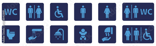 Toilet icons set, common male female restroom, handicap wheelchair access, sanitizer liquid soap, WC direction, baby changing table room, toilet signs, WC signs collection