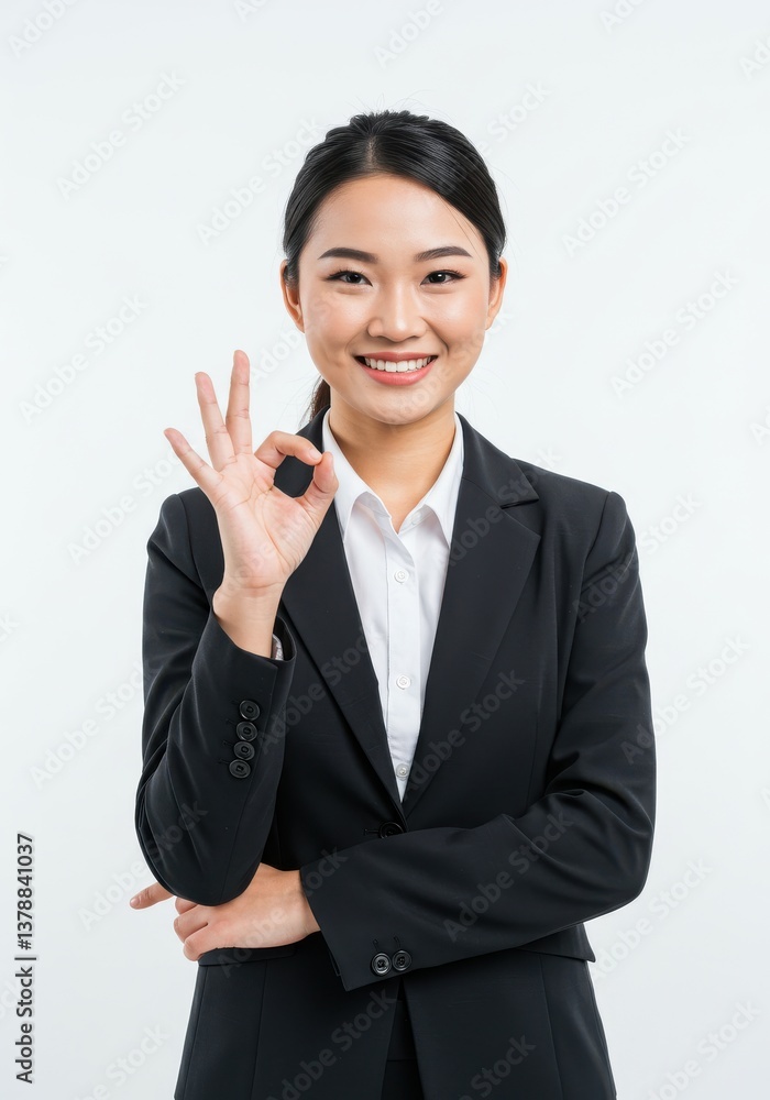 Portrait beautiful working Asian woman with happiness showing ok hand sign for perfection business on white background Portrait beautiful working Asian woman with happiness showing ok hand sign for perfection business on white background
