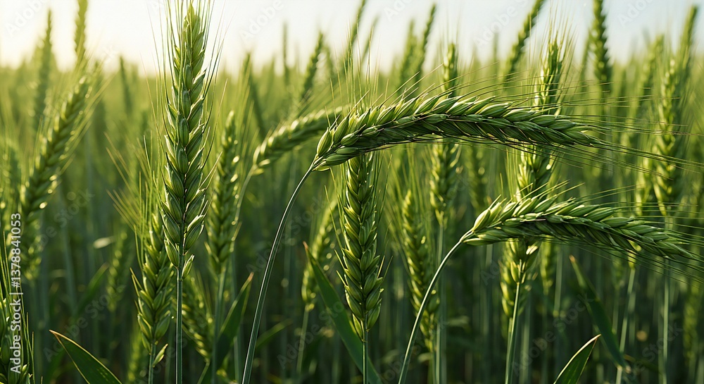 Fototapeta premium green wheat field, Close-up of wheat heads, Dense crop view, Food production
