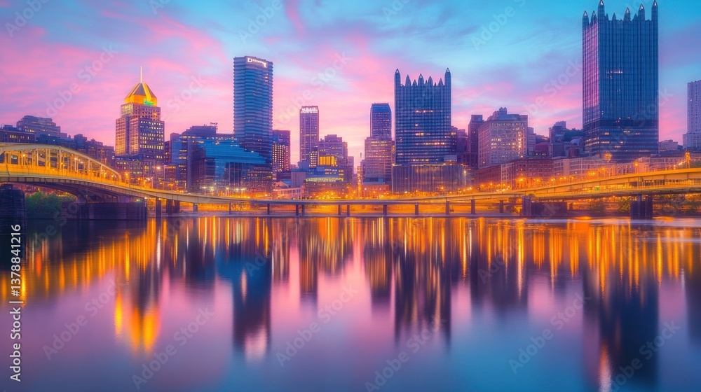 Obraz premium A stunning illuminated cityscape reflected in calm water at dusk