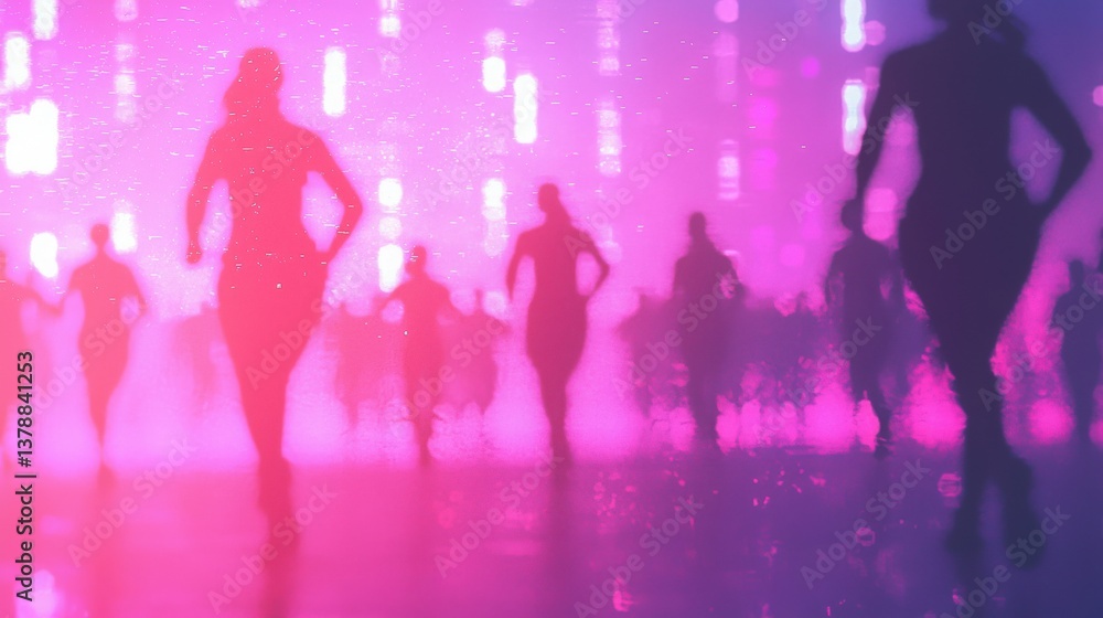 Silhouette Runners in Neon City, Crowd running at night, vibrant city lights Silhouette Runners in Neon City, Crowd running at night, vibrant city lights