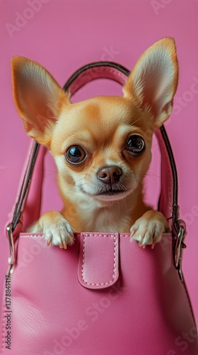 Cute Chihuahua Peeking out From a Pink Bag on a Vibrant Background