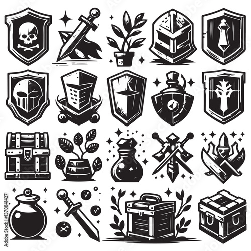 Fantasy game vector icon set, medieval UI game badge, wooden warrior shield, full gold chest, potion. Magic RPG objects kit, knight weapon, iron helmet, old papyrus, standard. Game icon collection 