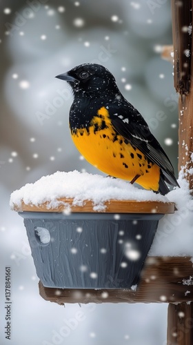 Bird Resting on a Feeder During a Snowy Winter Day in a Tranquil Garden Setting