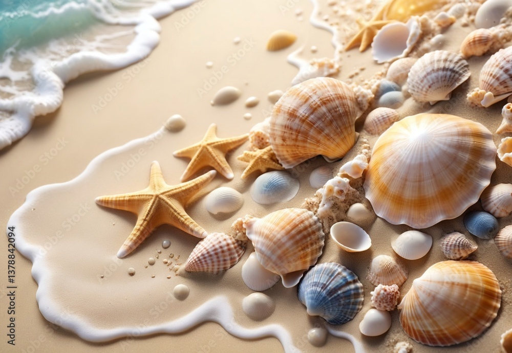 abstract yellow summer background with shells, sand and sea wave abstract yellow summer background with shells, sand and sea wave