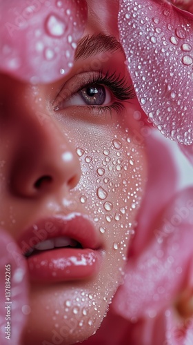 Close-up of a Woman With Dew on Her Face Framed by Pink Flower Petals Capturi...