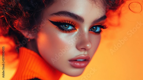 Young Woman with Bold Orange Makeup and Curly Hair