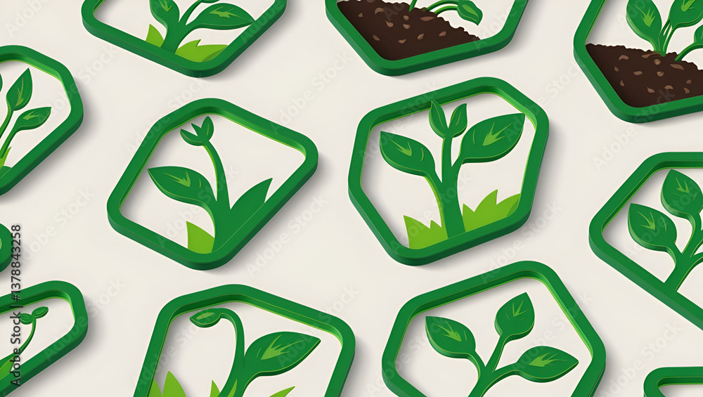 Obraz premium A modern and minimalistic green line art set of icons representing plant shoots, seed germination, and agricultural care, ideal for gardening, sustainability, and organic farming designs.