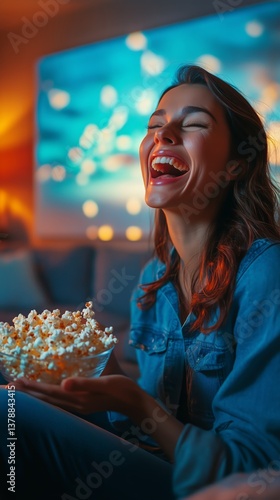 Watching a Suspenseful Movie While Enjoying a Large Bowl of Popcorn in a Cozy...