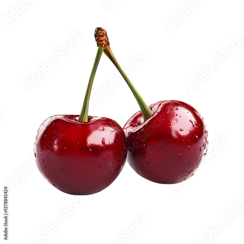 Принти на полотні Two red cherries with stems attached on a black background close up view