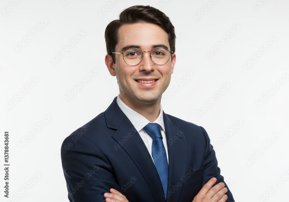 Young college teacher dressed in blue suit, wearing eyeglasses, looking at viewer with happy smile, arms crossed, isolated on white background Young college teacher dressed in blue suit, wearing eyeglasses, looking at viewer with happy smile, arms crossed, isolated on white background