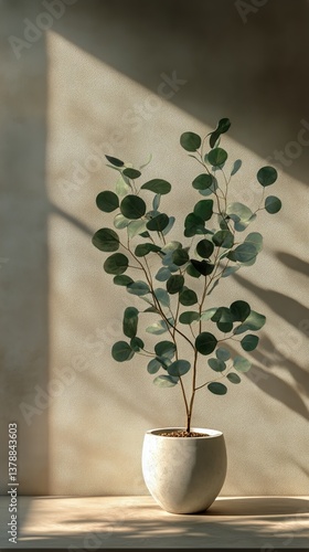 Decorative Potted Plant With Soft Sunlight and Shadow in Modern Interior Setting
