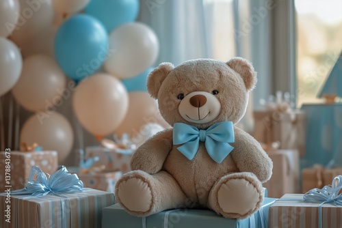 Soft Teddy Bear Surrounded by Gifts and Balloons in a Bright Celebration Room