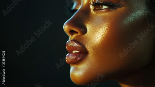 Golden Light Illuminates a Womans Face and Lips