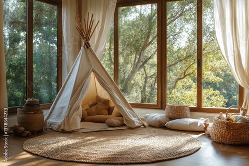 Cozy Indoor Play Area With Teepee and Cushions in a Sunlit Room