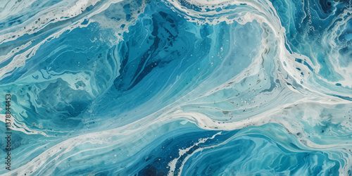Beautiful soft blue sea water, ocean wave background. Soft blue and white hand printed creative marble texture ocean background.

