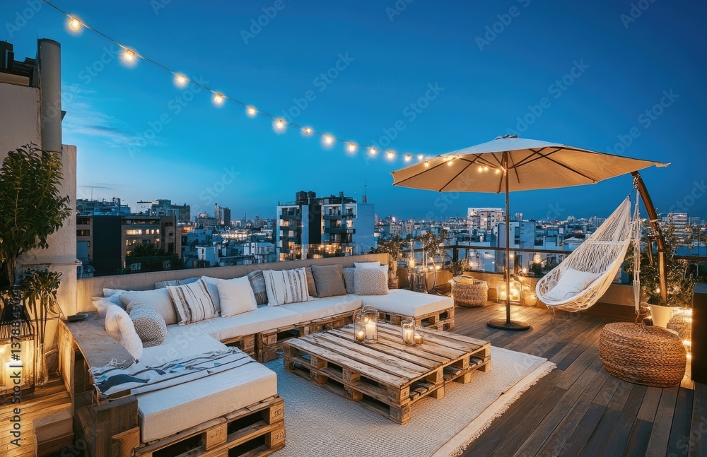 Fototapeta premium A large rooftop terrace with wooden pallets, white furniture, and fairy lights overlooking the city at night