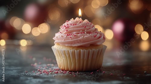 Delicious Cupcake With Pink Frosting and Colorful Sprinkles on Festive Table