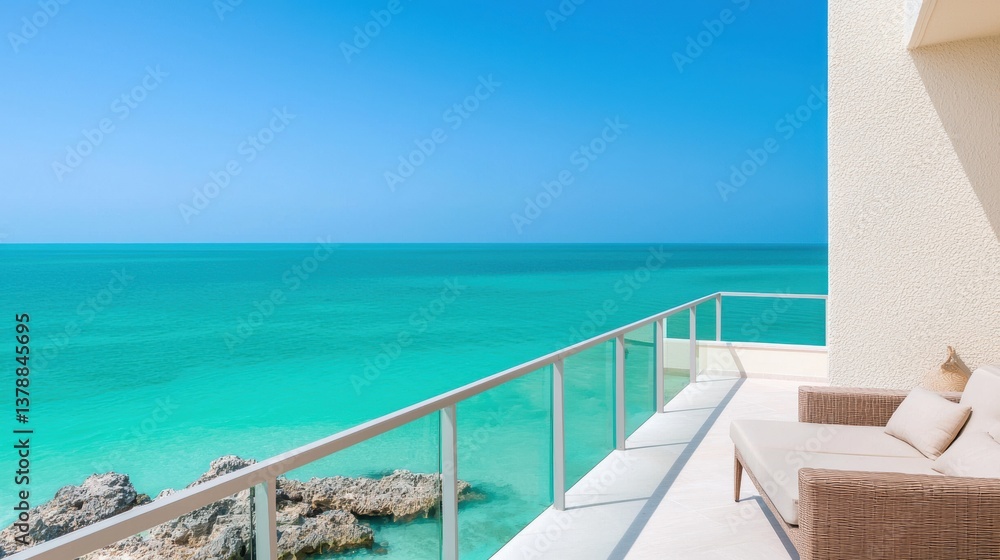Fototapeta premium Hotel Scenic hotel balcony with a stunning ocean view and elegant outdoor seating.